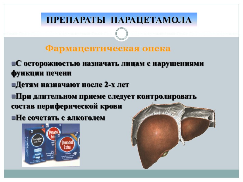 Фармацевтическая опека ПРЕПАРАТЫ  ПАРАЦЕТАМОЛА С осторожностью назначать лицам с нарушениями функции печени Детям